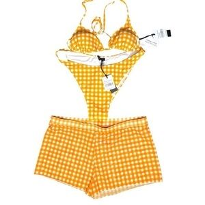 New Kendall + Kylie 3 piece bikini set Top Bottom & Shorts Orange Checkered